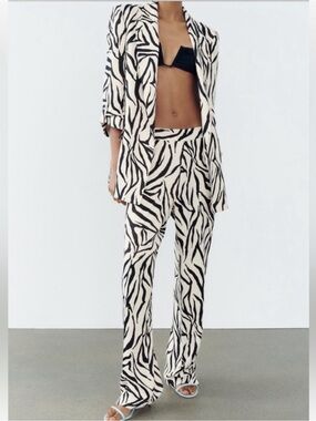 Zara 2pc Zebra Print Wide-Leg Pants / Blazer- Black & Cream